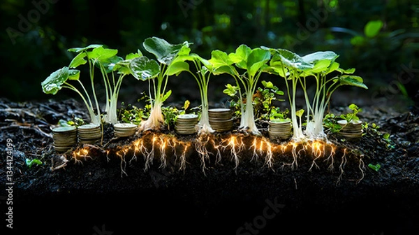 Fototapeta Healthy Young Plants Growing from Rich Soil with Glowing Roots Illuminated in a Lush Forest