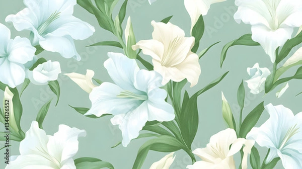 Obraz Elegant white and cream lilies floral pattern, seamless design, pastel green background, ideal for textile prints