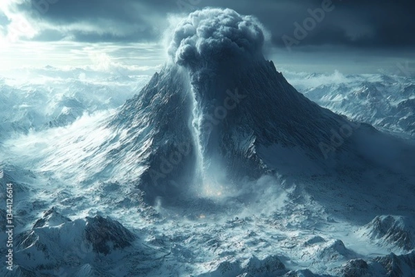 Fototapeta Snow-capped volcano erupting, mountain range, ash plume