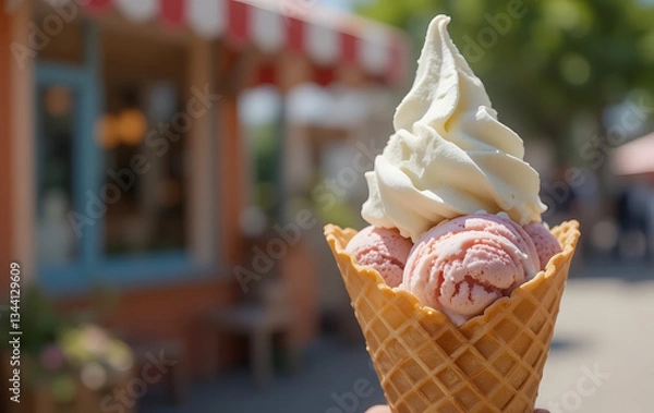 Fototapeta Banner with ice cream in a waffle cone on a summer day. Generative AI.