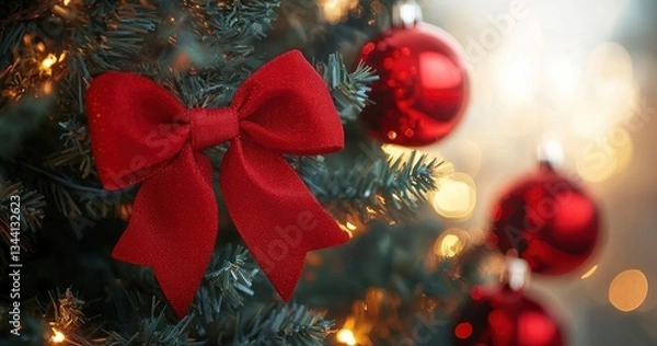 Fototapeta Closeup of a red bow and shiny ornaments on a Christmas tree