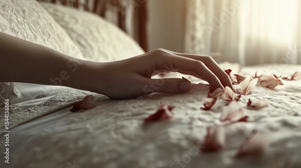 Obraz Hand Reaching for Rose Petals on Bed in Romantic Setting