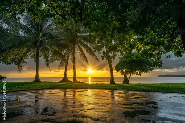 Obraz 雨上がりのビーチ、ヤシの木と夕陽のコントラスト