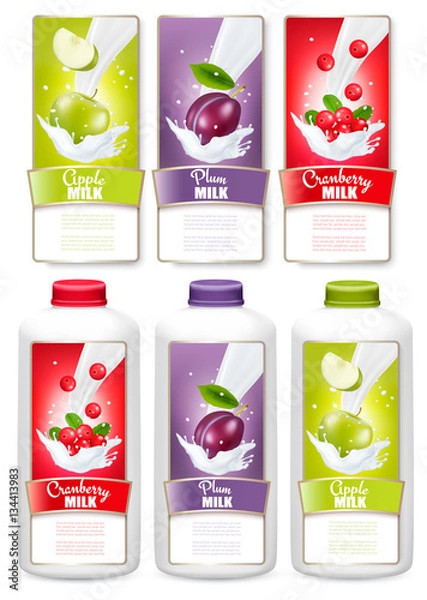 Fototapeta Set of three labels of fruit in milk splashes. Apple, plum, cran