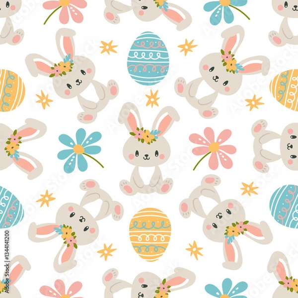 Fototapeta Cute Easter pattern with bunny, paintedvEaster eggs and flowers on white background. Happy Easter theme. Hand drawn vector seamless pattern in pastel colors.