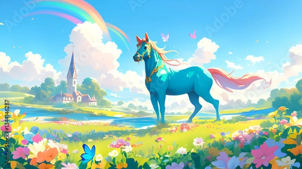 Fototapeta Magical unicorn adventure in a colorful meadow with rainbow and butterflies