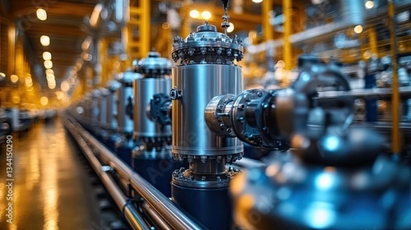 Obraz Industrial pipes and valves connecting in modern dairy farm processing plant. Ai generated