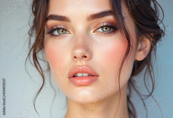 Fototapeta Radiant young woman with flawless skin and natural makeup looking captivatingly at the viewer against a soft gray background