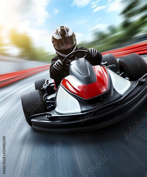 Fototapeta A go-kart making a sharp turn at high speed, with a focused young driver trying to beat the clock.

