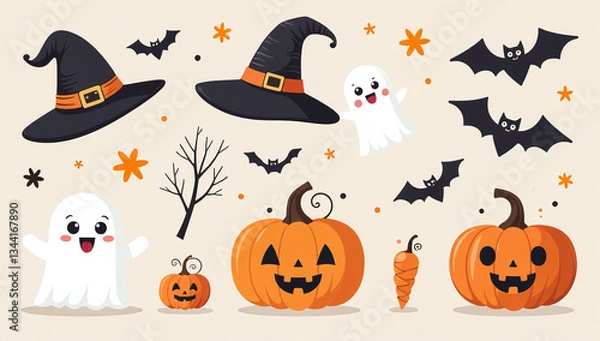 Fototapeta halloween elements include hats ghosts bats cute pumpkins various