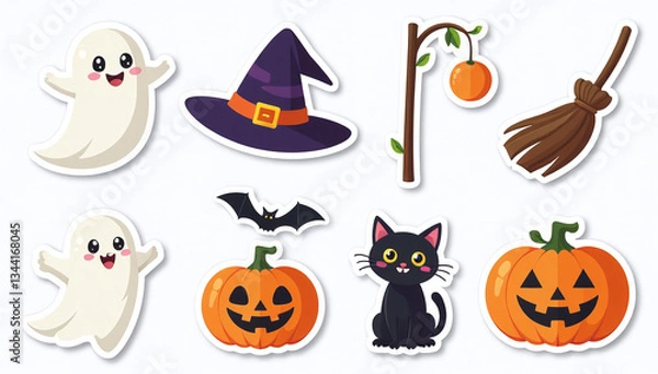 Fototapeta halloween sticker set includes ghost hat broom black cat pumpkin designs suitable cards posters stickers flat cartoon