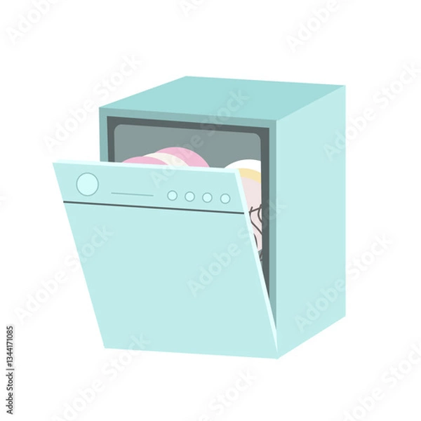 Obraz Opened Dishwasher machine with plates in it