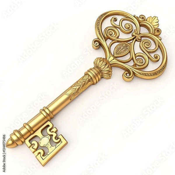 Obraz Ornate golden key with intricate design on a white background