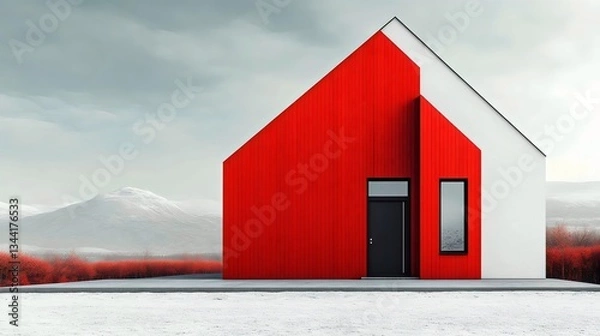 Fototapeta A red house with a white roof sits on a snowy hill