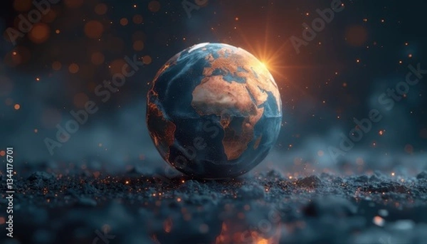 Fototapeta Glowing Earth globe with a sunrise effect in darkness during Earth Hour.