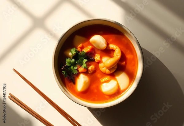 Obraz Spicy Asian Seafood Noodles in a Bowl: A Delicious and Savory Meal with Fresh Ingredients