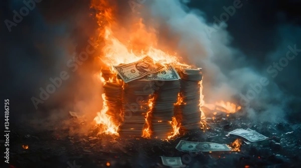 Fototapeta A pile of money is on fire, with the word "dollar" on the top