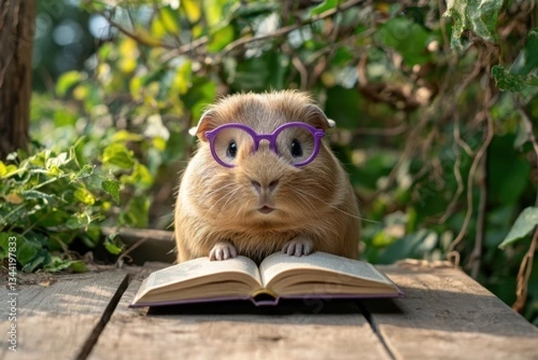 Fototapeta curious guinea pig wearing glasses reads a book amidst lush greenery in a serene garden