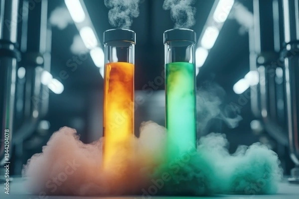 Fototapeta Futuristic laboratory accident with glowing vials in a high-tech setting