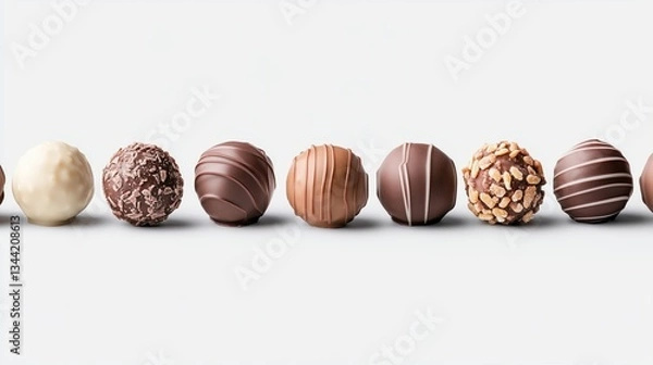Fototapeta Row of assorted chocolate truffles in various coatings and textures on a white background.