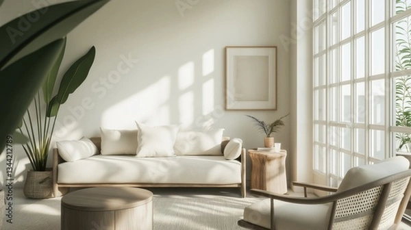 Fototapeta Modern living room with a large window on the right side. the window has white frames and is letting in natural light.