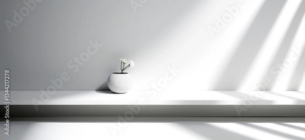 Fototapeta Minimalist interior with a white ceramic vase and delicate flowers placed on a sleek white shelf. The composition emphasizes simplicity, elegance, and modern interior design.