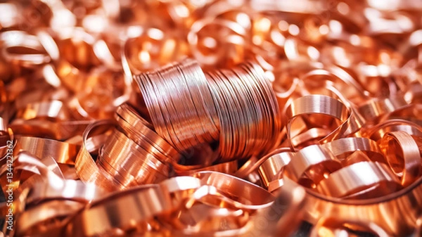 Fototapeta Pile of shiny copper shavings and coiled copper wire, reflecting light and creating rich metallic texture. Ideal for themes related to recycling, metalworking, industrial processes, raw materials