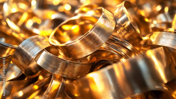 Obraz Brass scrap metal twisted into loops and curves, reflecting warm golden light. Concept of metal recycling, raw materials, industrial processing, highlighting beauty of repurposed metals