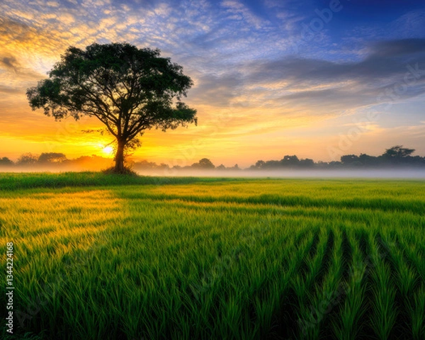 Fototapeta A serene sunrise casts warm golden hues over lush rice fields, creating a tranquil landscape.