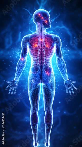 Obraz Digital illustration of human nervous system, showing glowing, semi-transparent body with highlighted neural pathways and energy points. Ideal for medical, scientific, and healthcare-related concepts