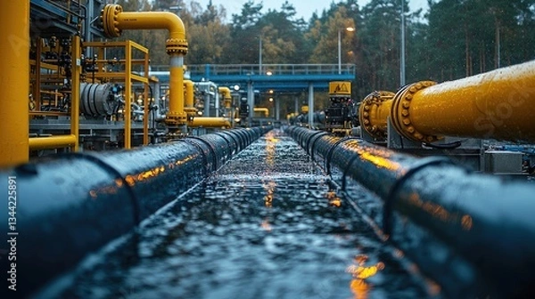 Fototapeta Industrial pipeline with flowing water under rainy weather in a factory setting