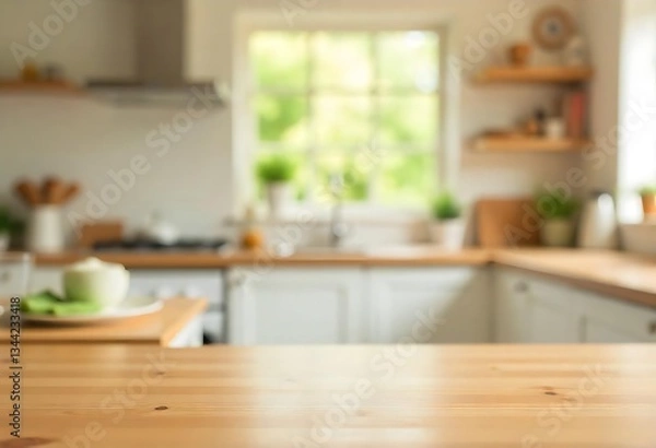 Fototapeta Generative AI Image of a bright and blurry kitchen background with a wooden table in the foreground.