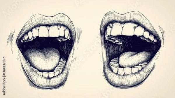 Fototapeta Two open mouths showcasing expressive vocalization, surrounded by abstract patterns