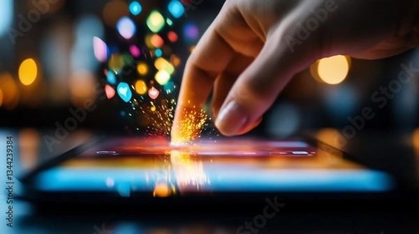 Obraz Interactive experience on tablet with magical effects from human touch