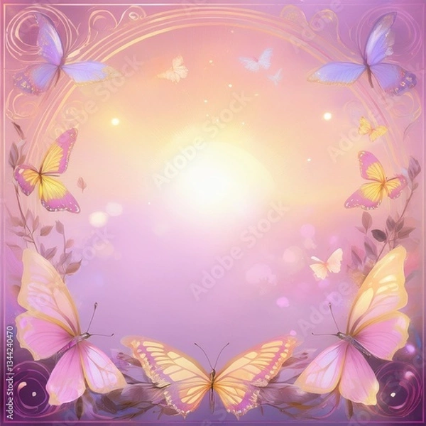 Fototapeta fancy and magical butterfly border frame with beautiful sun and glowing background; Graphic resource