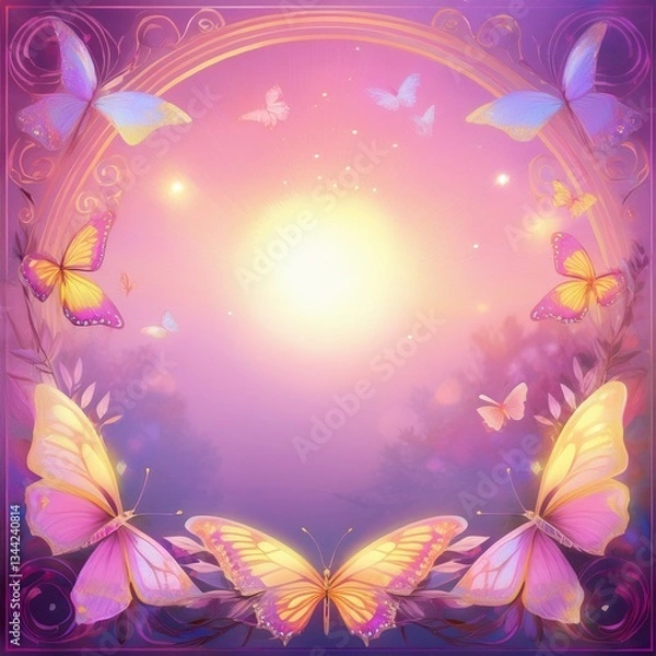 Fototapeta fancy and magical butterfly border frame with beautiful sun and glowing background; Graphic resource