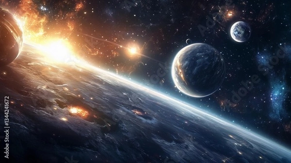 Obraz A space scene with a sun and four planets. The sun is in the foreground and the planets are in the background