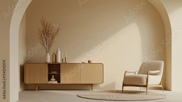 Fototapeta Modern living room with minimalist furniture and neutral tones