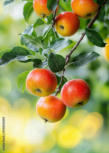 Fototapeta Close-up of apple tree branch with red apples against green background. Blurry bokeh effect