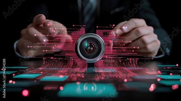 Fototapeta Businessman interacts with futuristic camera