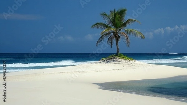 Obraz Lone palm tree on a small, idyllic, white sand island with turquoise ocean under a vibrant blue sky.