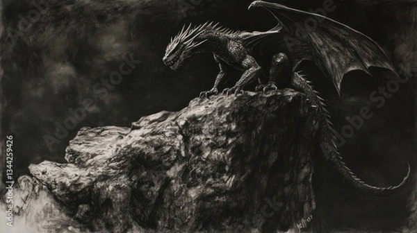 Fototapeta Dragon perched on rock, dramatic lighting. Dark fantasy scene. Possible use Fine art print