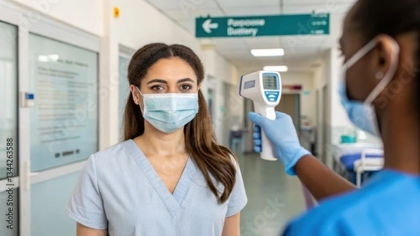 Fototapeta A healthcare worker in a blue uniform and gloves uses a contactless thermometer to check the temperature of a woman wearing a light blue surgical