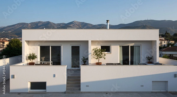 Fototapeta Minimalist White Duplex Exterior with Balcony Terrace Plants and Mountain View Under Clear Sky