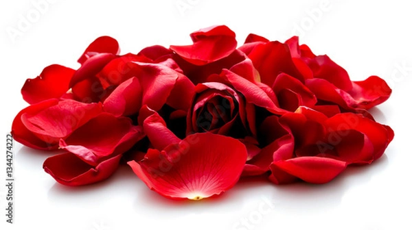 Obraz A flurry of red rose petals floating in the air against a white background