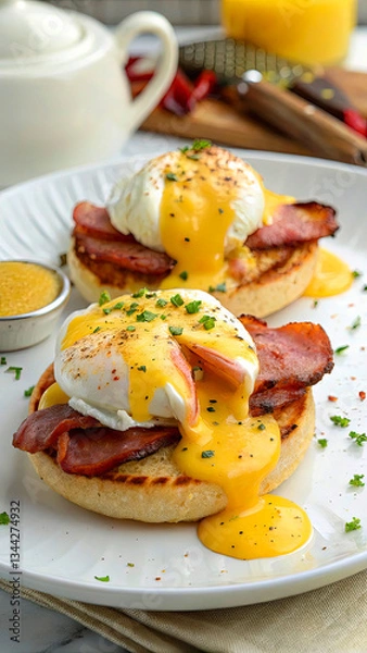 Obraz A beautifully plated eggs Benedict featuring a perfectly poached egg sitting atop Canadian bacon and a toasted English muffin, generously drizzled with rich hollandaise sauce