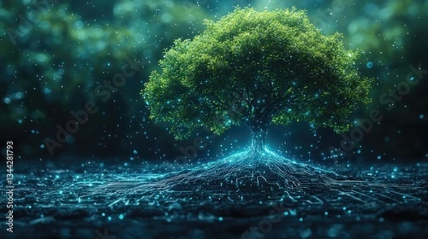 Fototapeta Majestic glowing tree with vibrant roots in a serene forest setting