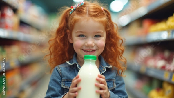 Obraz red-haired girl in a supermarket holding a milk with goods in the background