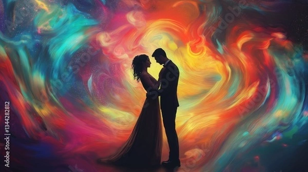Fototapeta Couple dancing under swirling galaxies with vibrant colors in a cosmic setting
