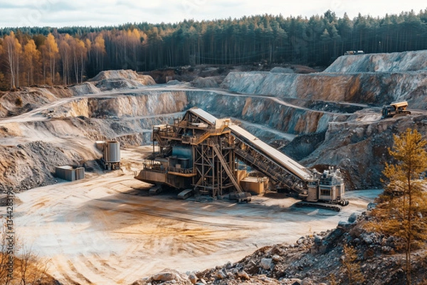 Fototapeta Mountain mine quarry in the forest, Stone mining site in the wood, Landscape view of cement and concrete powder collecting mining site.